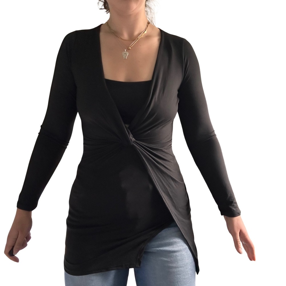 Fashion Nova Sugar Frenzy Black Long Sleeve‎ Mini Dress Knot Front Slit M